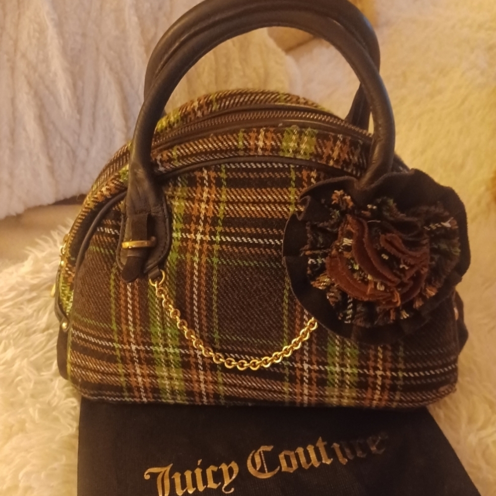 Juicy Couture Brown Plaid Satchel with Gold Chain and Flower Accent
